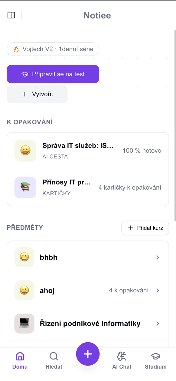 Domovská obrazovka Notiee na mobilu